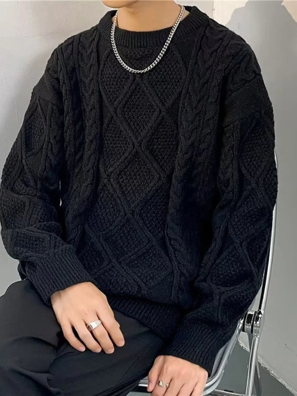 Men's Plus Size Cable Knit Round Neck Sweater by Trendsi