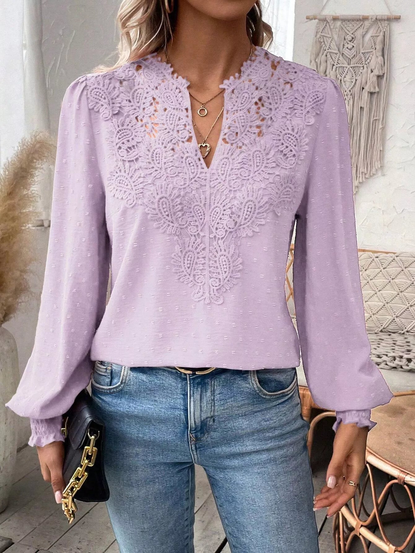 Swiss Dot Lace Detail Long Sleeve Blouse by Trendsi