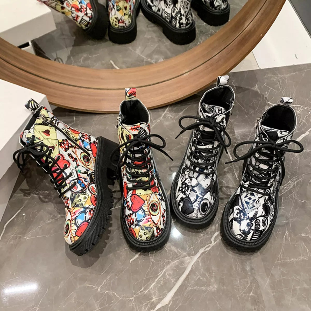 Graffiti Print Combat Boots with Colorful Street Art Design by Trendsi