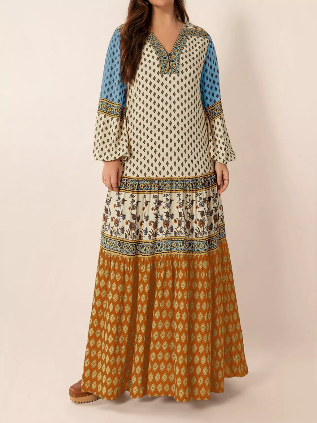 Bohemian Mixed Print Long Sleeve Maxi Dress by Trendsi