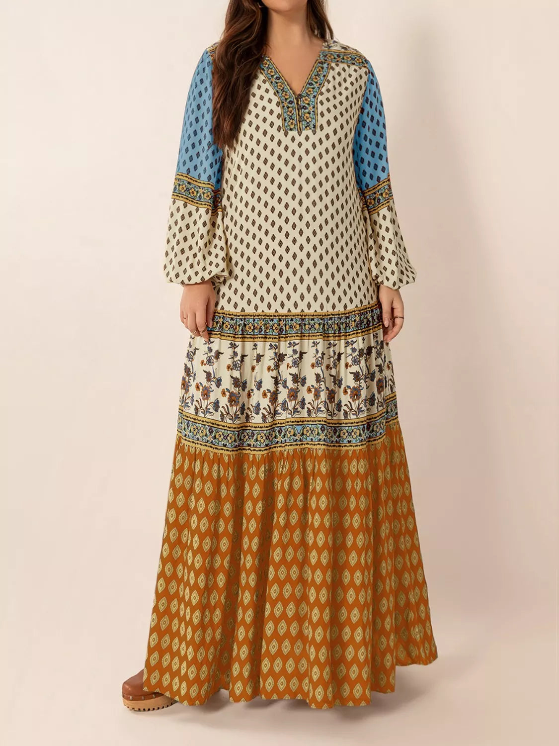 Bohemian Mixed Print Long Sleeve Maxi Dress by Trendsi
