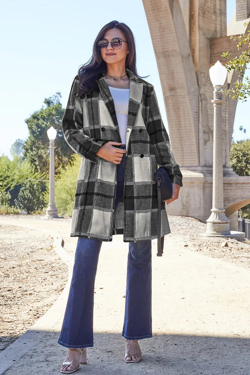 Double Take Full Size Plaid Button Up Lapel Collar Coat by Trendsi