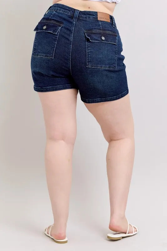 Judy Blue Full Size High Waist Back Flap Pocket Denim Shorts Plus Size by Trendsi