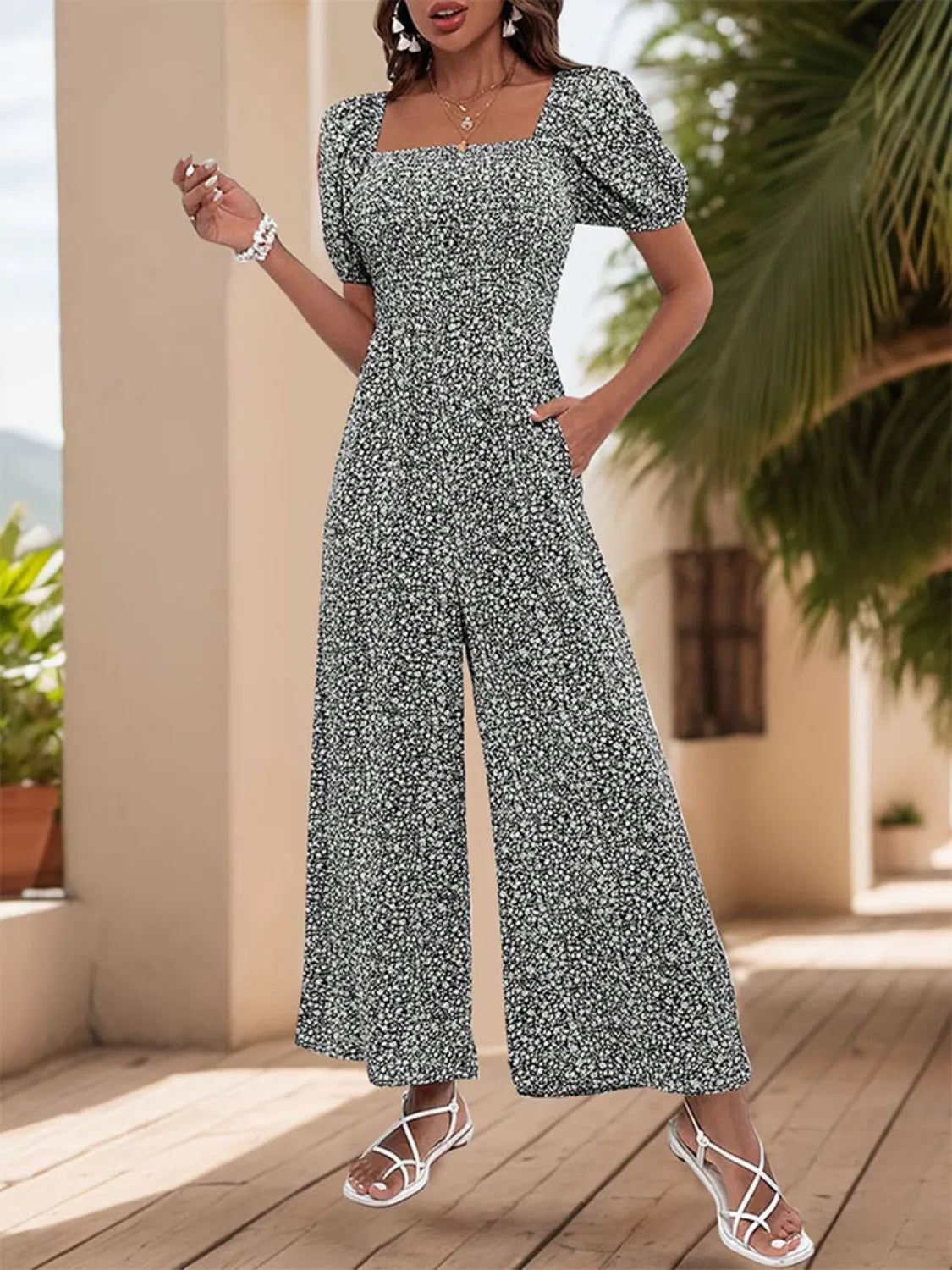 Printed Square Neck Puff Sleeve Jumpsuit by Trendsi