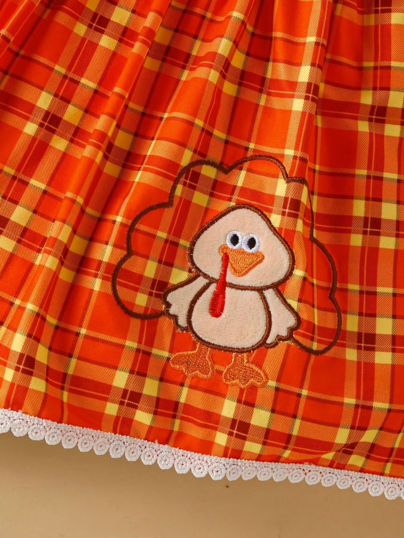 Children's Plaid Turkey Embroidered Bowknot Dress 3 Piece Set by Trendsi
