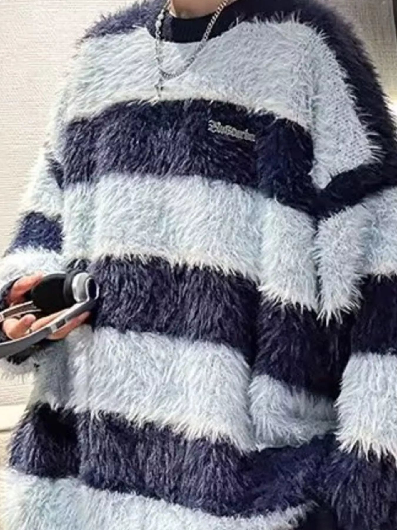 Men's Striped Fuzzy Knit Pullover Sweater by Trendsi