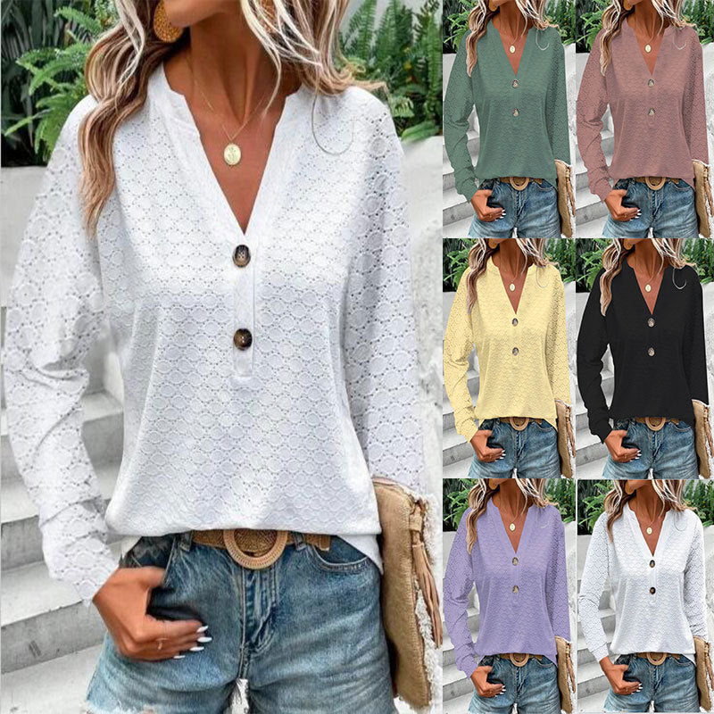 Women's Fashion Casual Solid Color Buttons V-neck Long Sleeve by DC-THE CEO