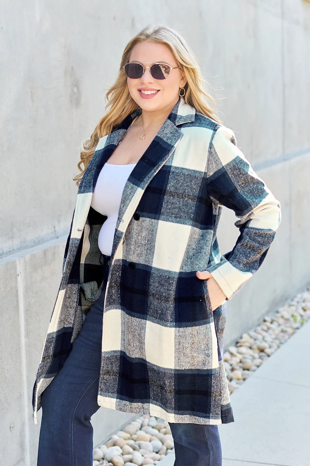 Double Take Full Size Plaid Button Up Lapel Collar Coat by Trendsi