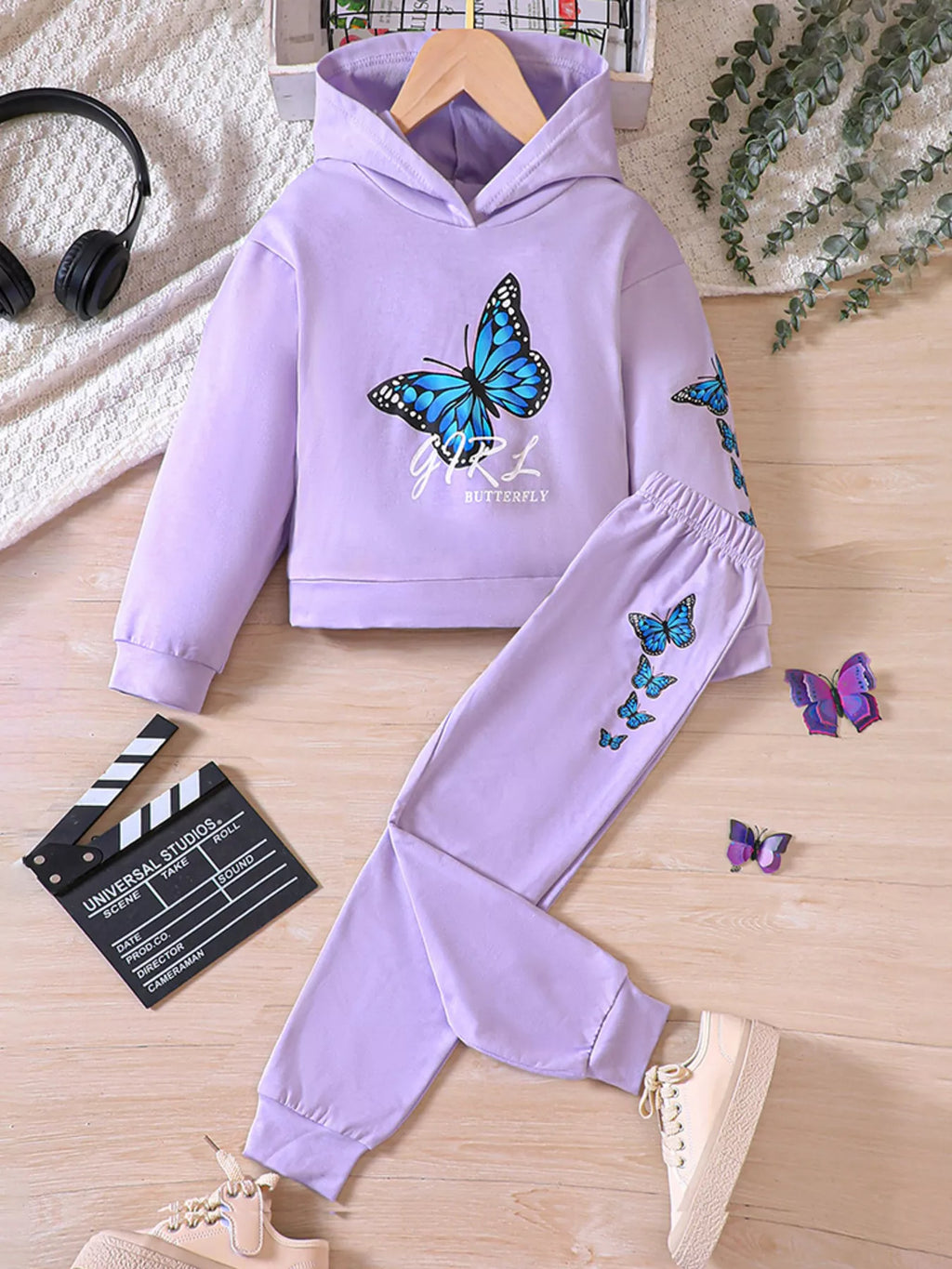 Childrens's Butterfly Print Hoodie & Pants Set by Trendsi