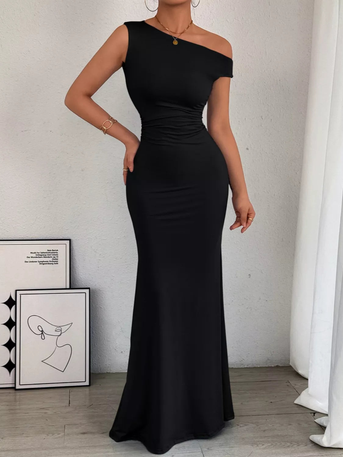 One-Shoulder Ruched Bodycon Maxi Dress by Trendsi