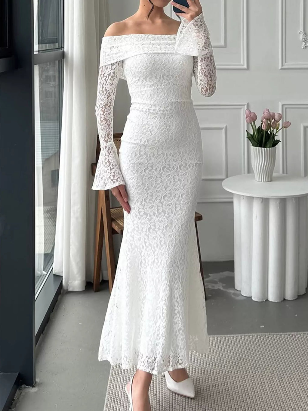 Off-Shoulder Lace Bodycon Maxi Dress by Trendsi
