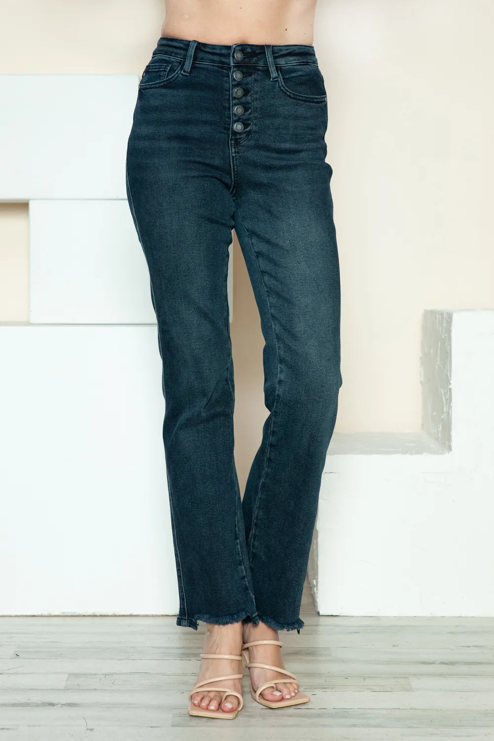 Judy Blue Full Size Button Fly Hem Destroy Straight Jeans by Trendsi