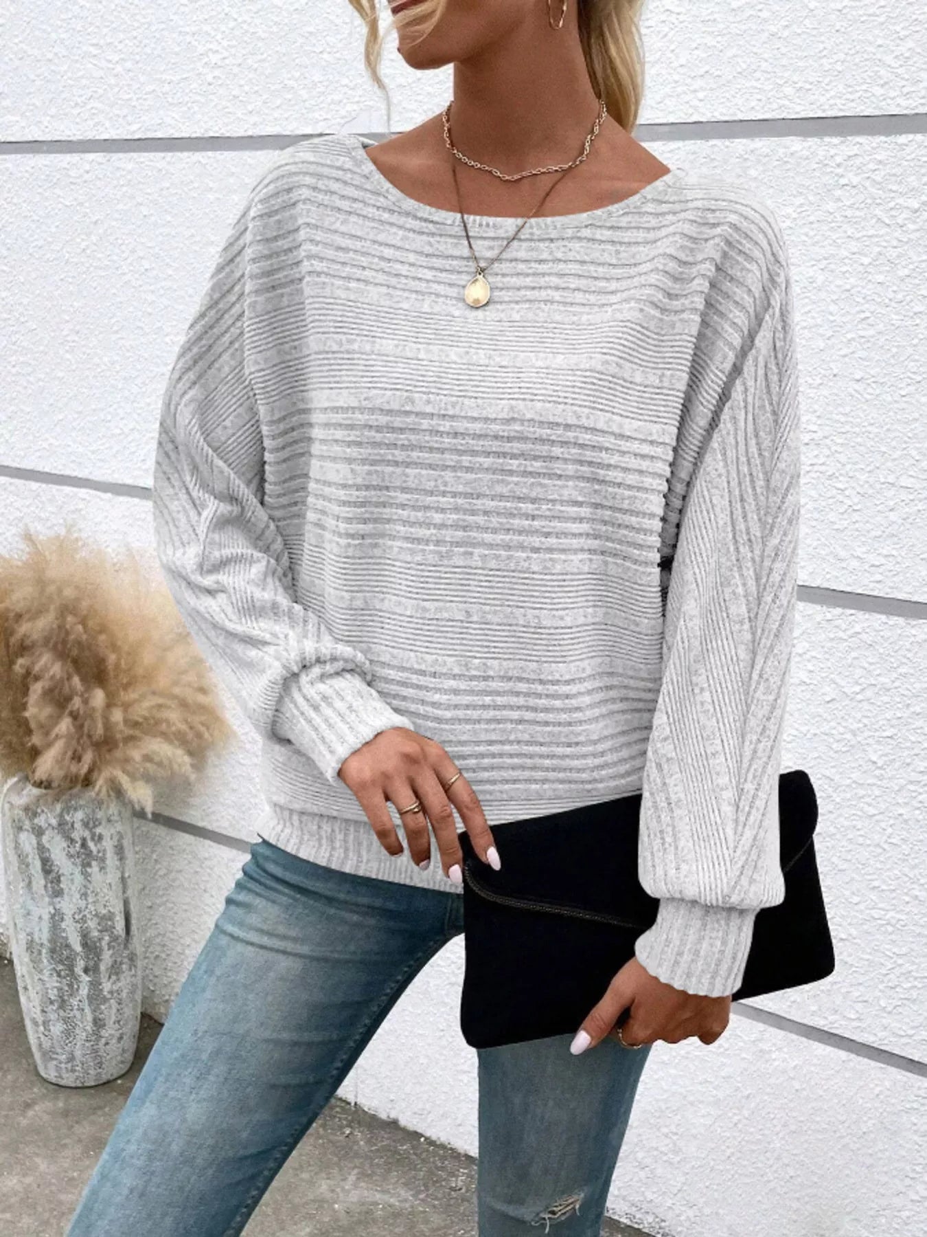 Ribbed Round Neck Long Sleeve Top by Trendsi