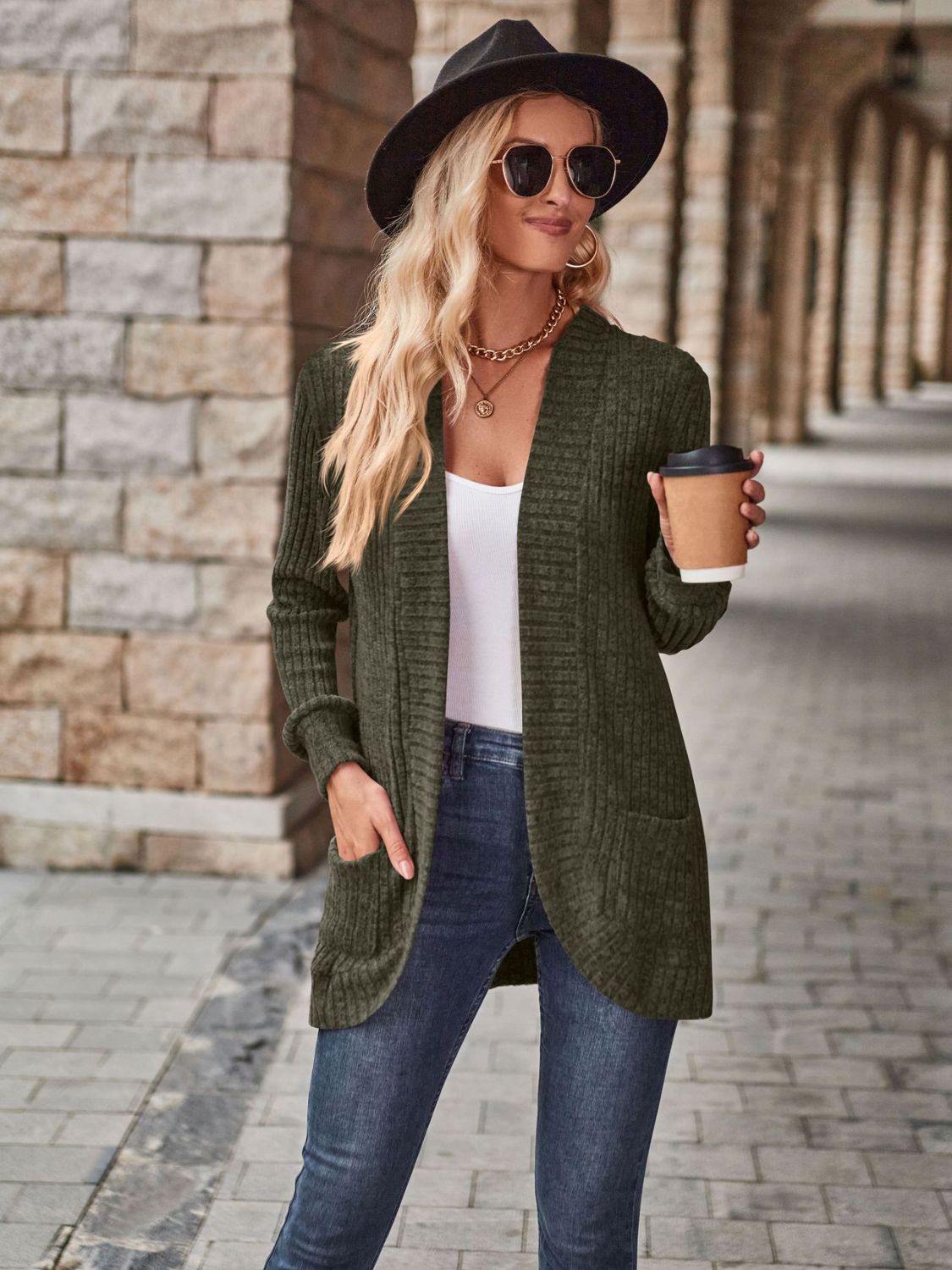 Open Front Cardigan with Pockets by Trendsi