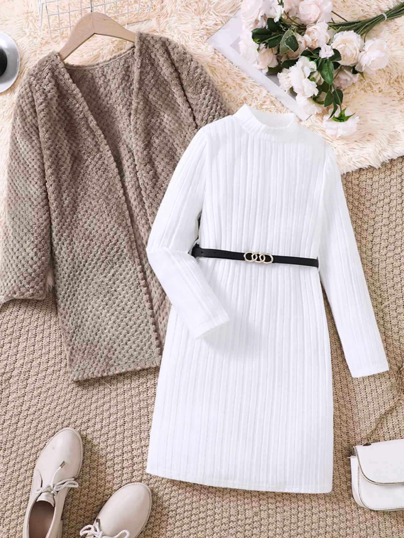 Children's Textured Sweater Dress and Open Front Cardigan Set by Trendsi