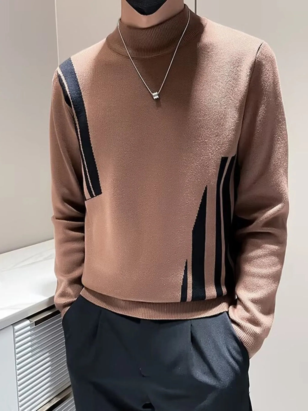 Men's Plus Size Striped Pattern Turtleneck Pullover by Trendsi