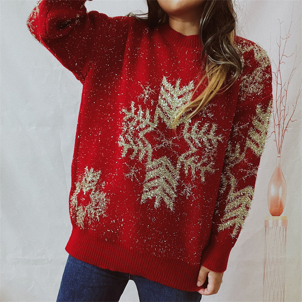 Snowflake Pattern Long Sleeve Sweater by Trendsi