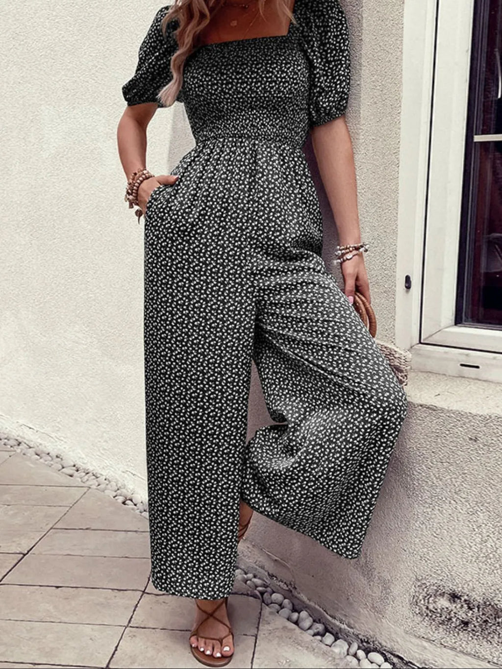 Printed Square Neck Puff Sleeve Jumpsuit by Trendsi