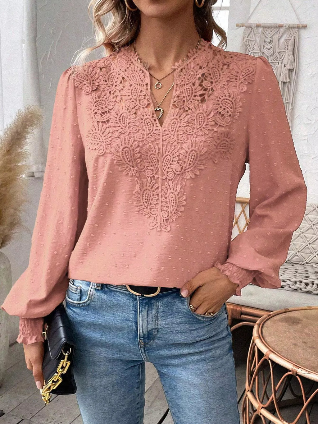 Swiss Dot Lace Detail Long Sleeve Blouse by Trendsi