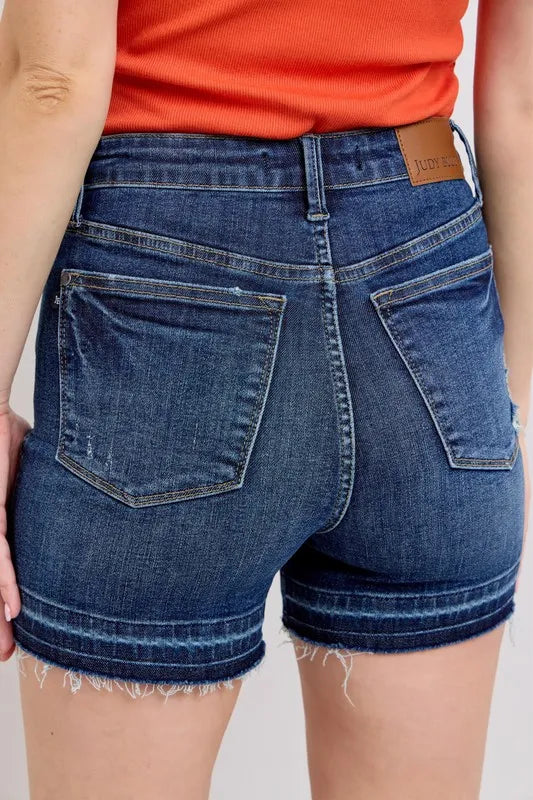 Judy Blue Full Size High Waist Tummy Control Destroy Release Hem Denim Shorts Plus Size by Trendsi