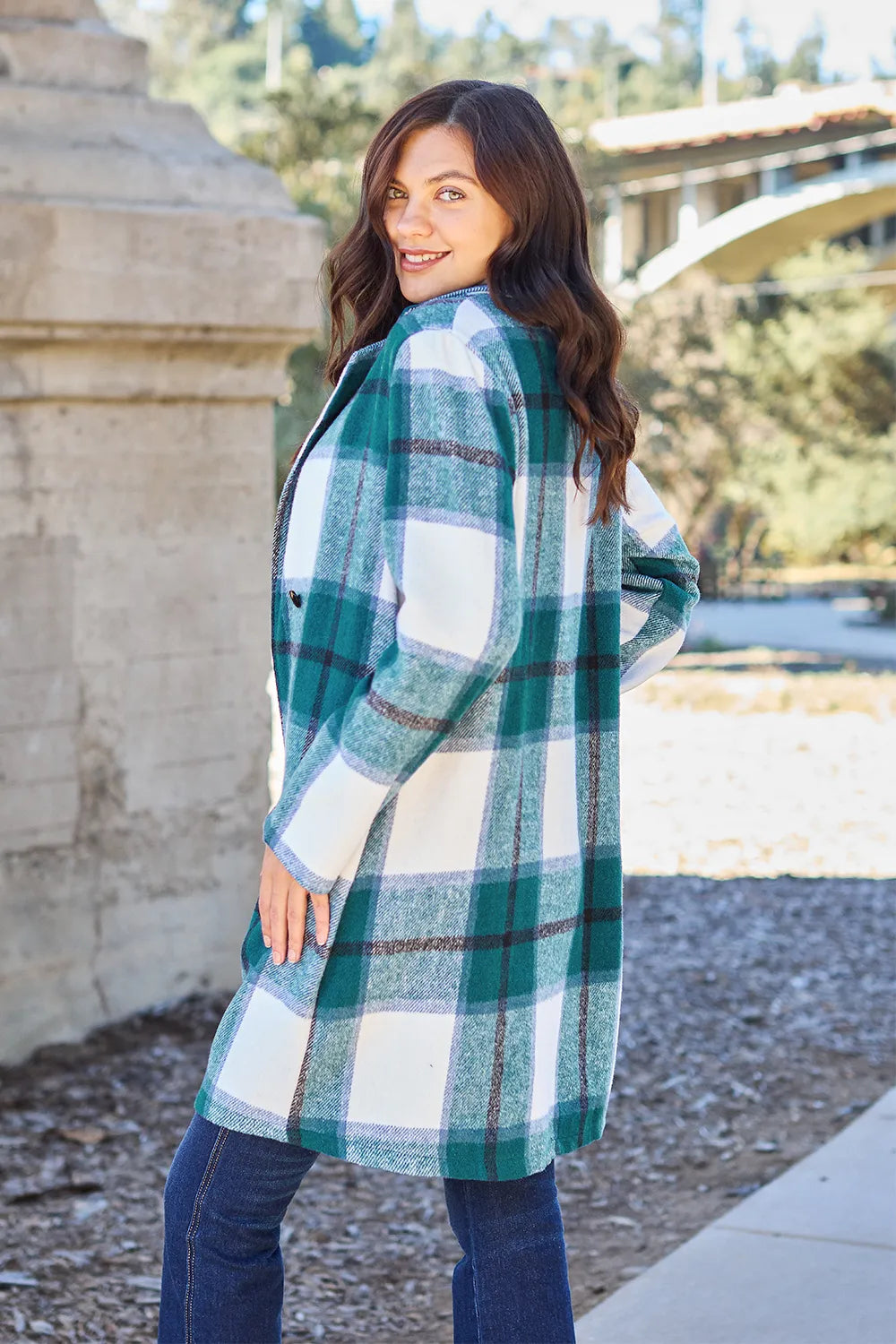 Double Take Full Size Plaid Button Up Lapel Collar Coat by Trendsi