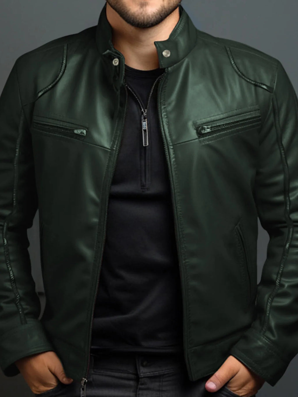 Men's Full Size Leather Motorcycle Jacket with Zipper Front Plus Size by Trendsi