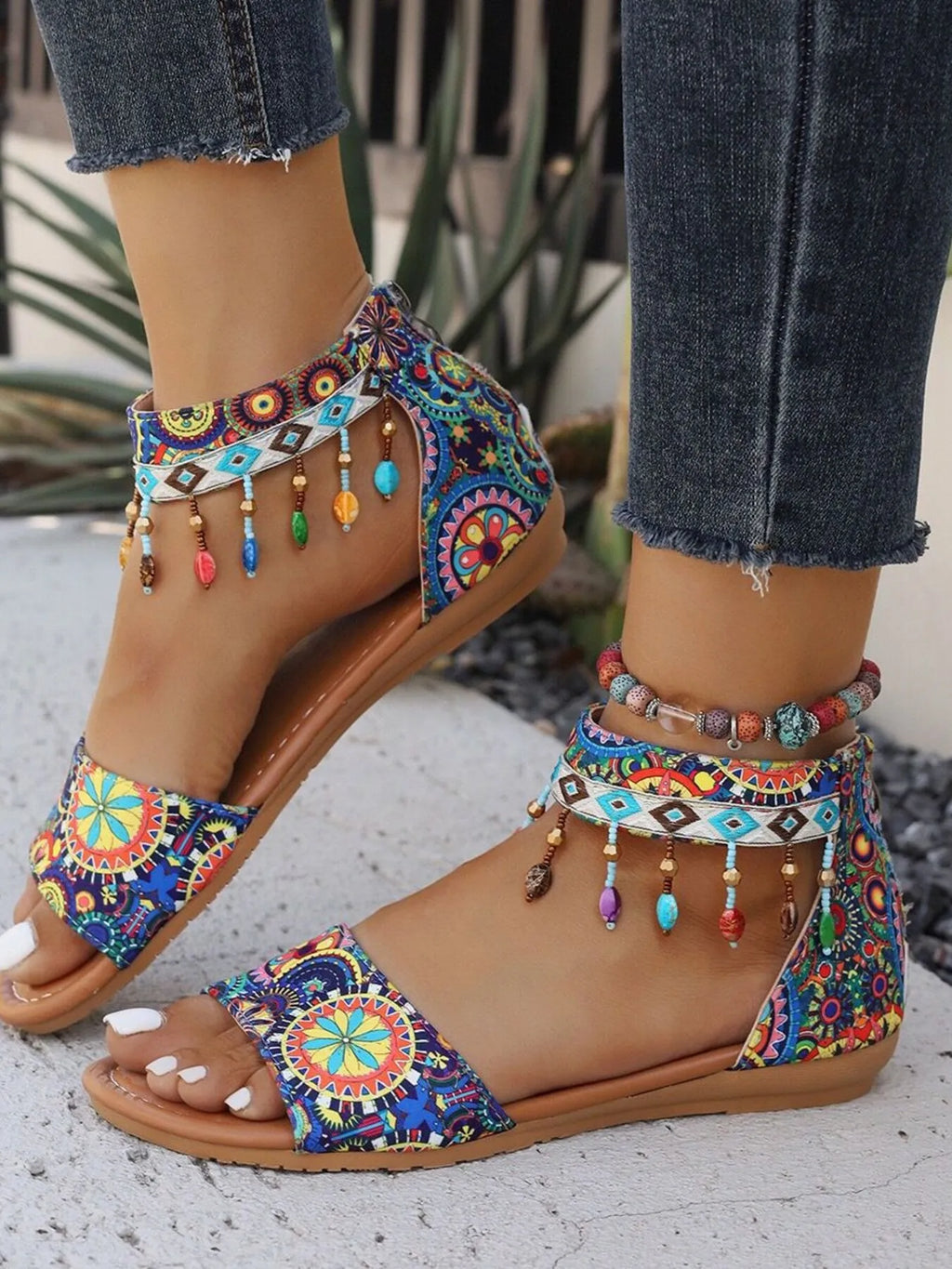Beaded Ankle Strap Sandals by Trendsi