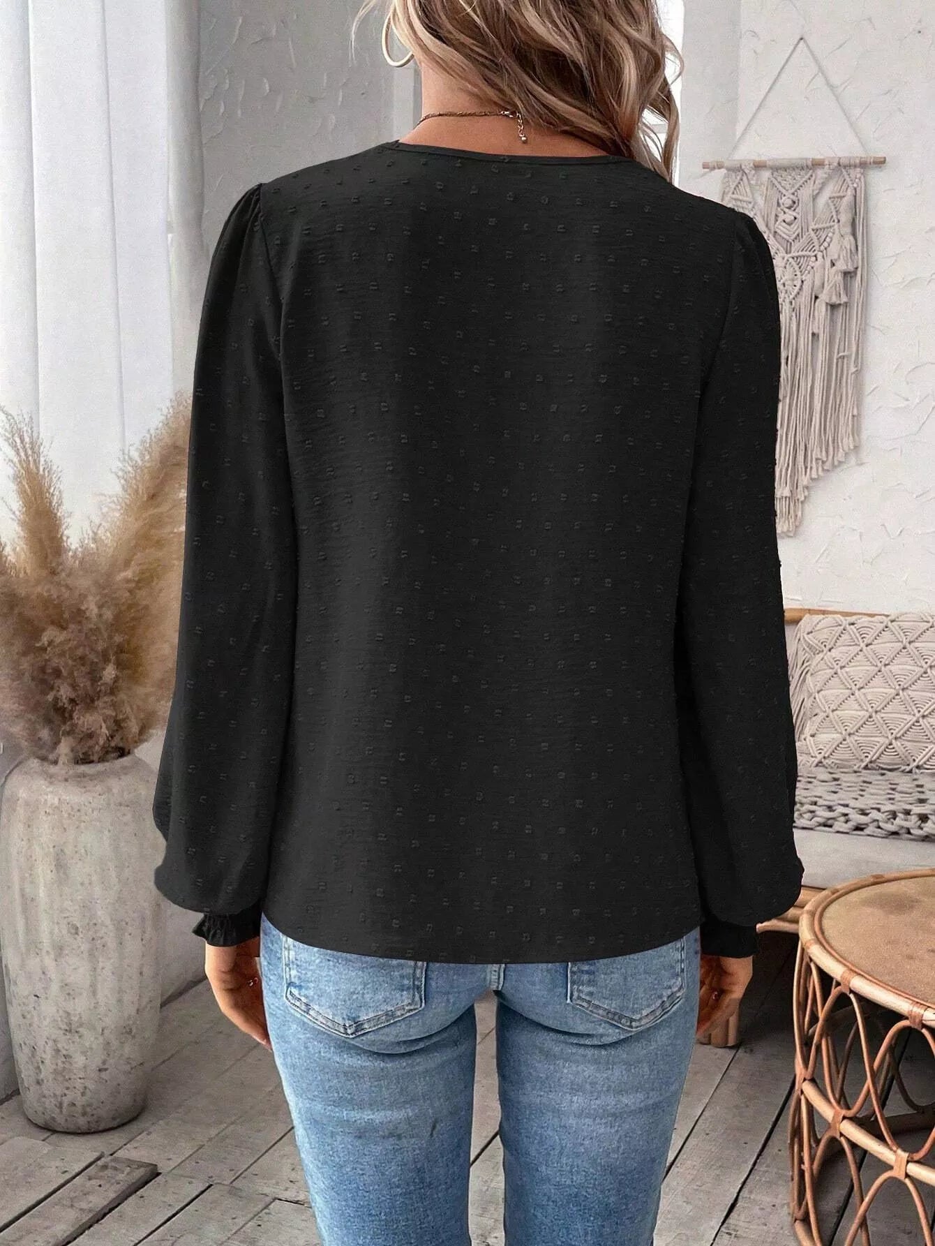 Swiss Dot Lace Detail Long Sleeve Blouse by Trendsi