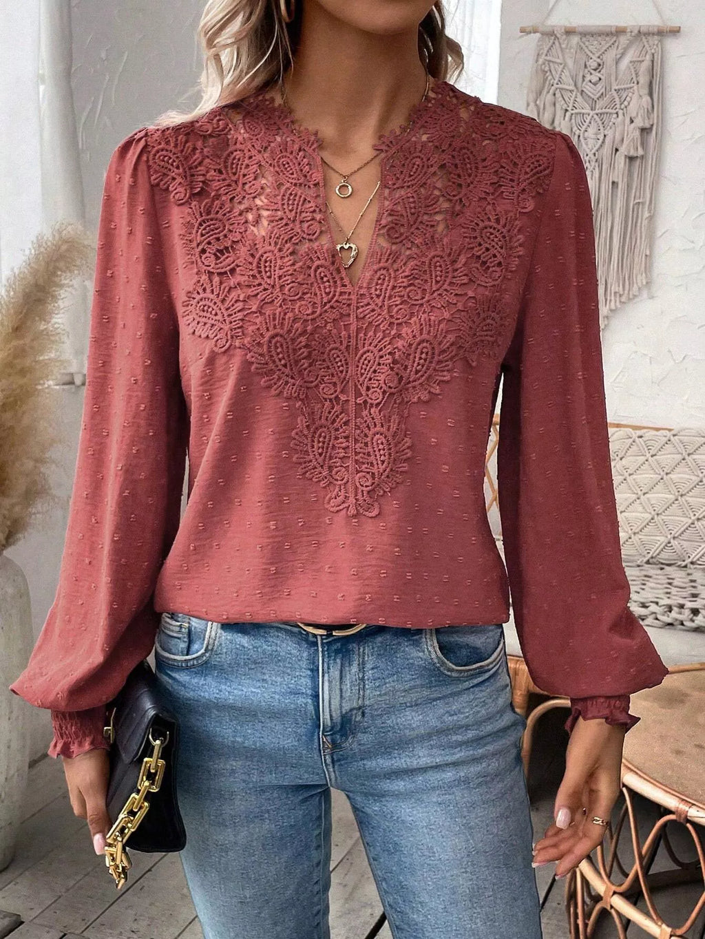 Swiss Dot Lace Detail Long Sleeve Blouse by Trendsi