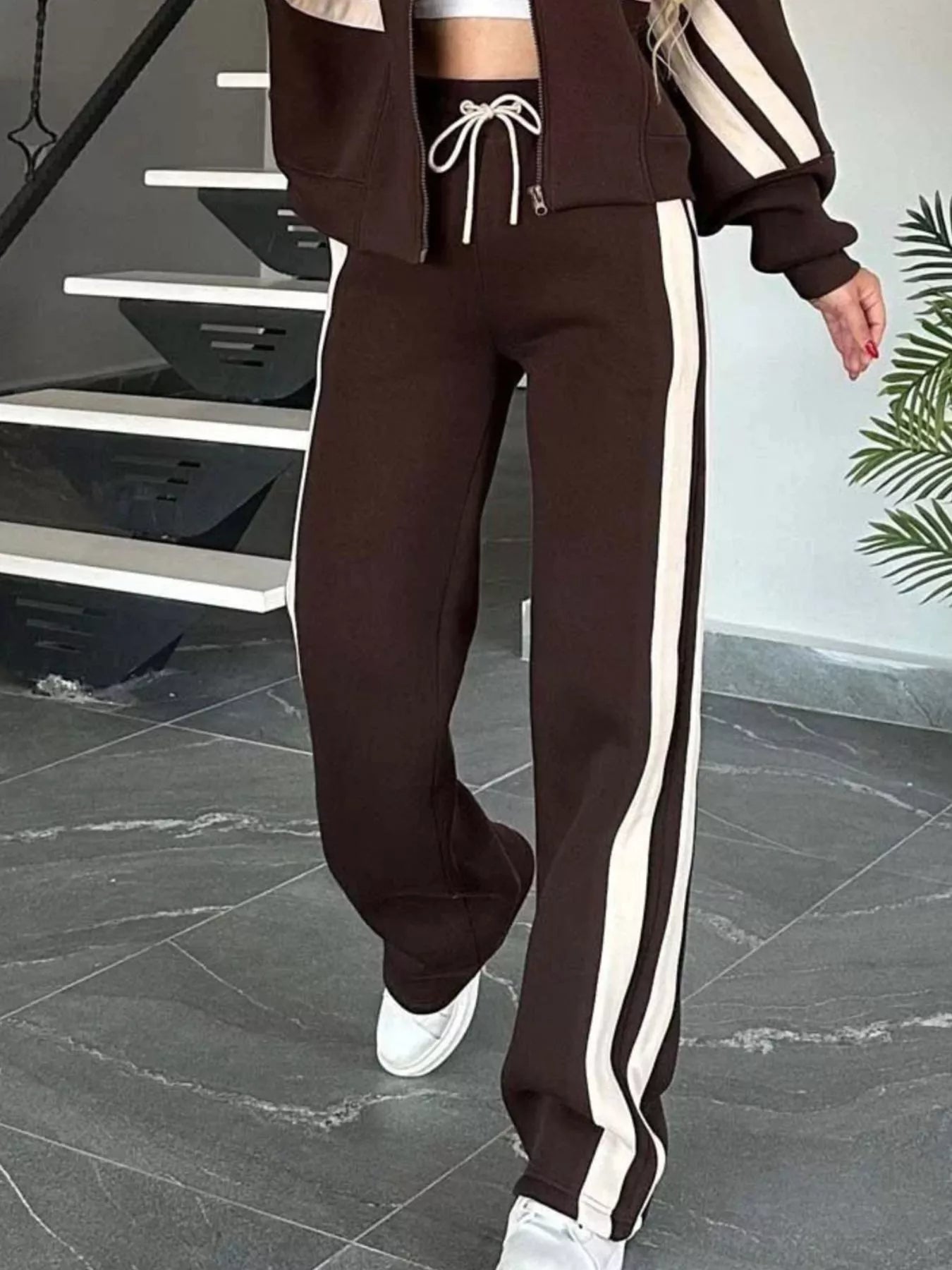 Full Size Contrast Stripe Zip Up Jacket and Pants Set Plus Size by Trendsi