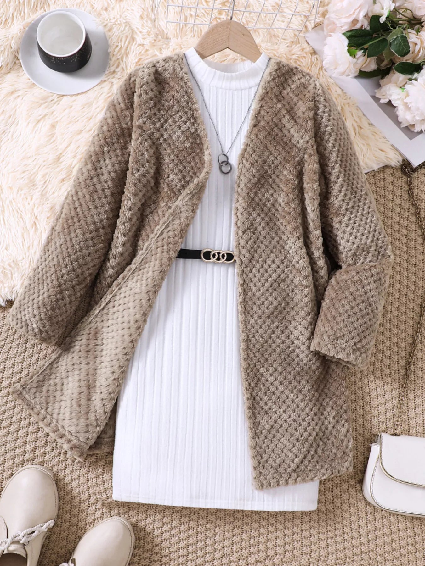 Children's Textured Sweater Dress and Open Front Cardigan Set by Trendsi