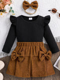 Children's Ribbed Top and Bow Skirt Set with Headband by Trendsi