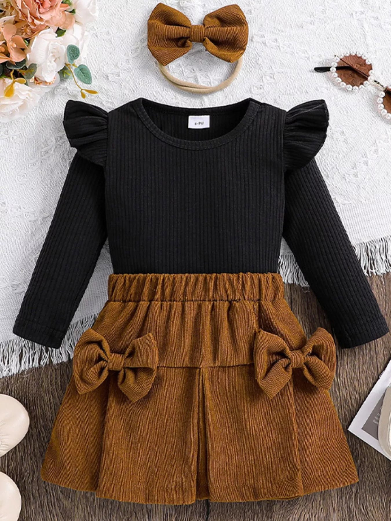 Children's Ribbed Top and Bow Skirt Set with Headband by Trendsi