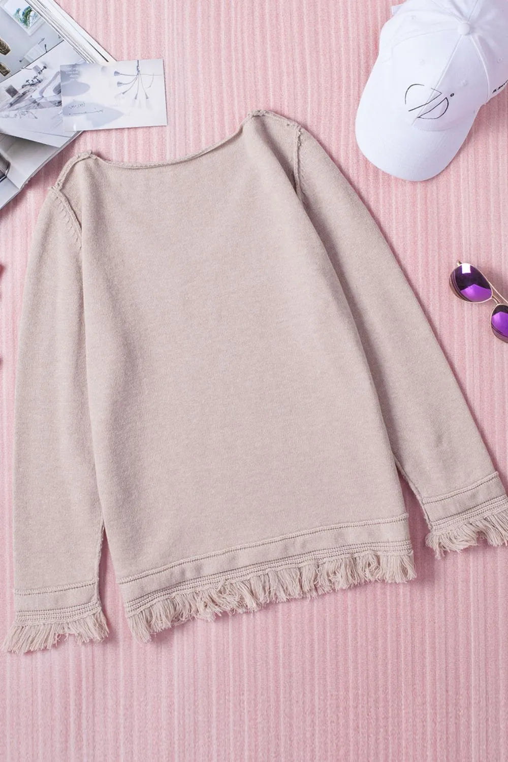 Exposed Seam Fringe Hem V-Neck Long Sleeve Sweater by Trendsi