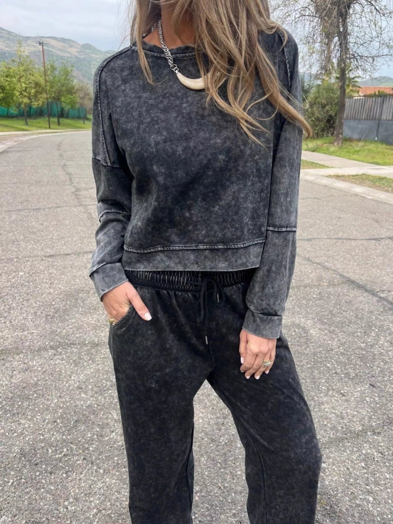 Full Size Washed Round Neck Top and Drawstring Pants Set Plus Size by Trendsi
