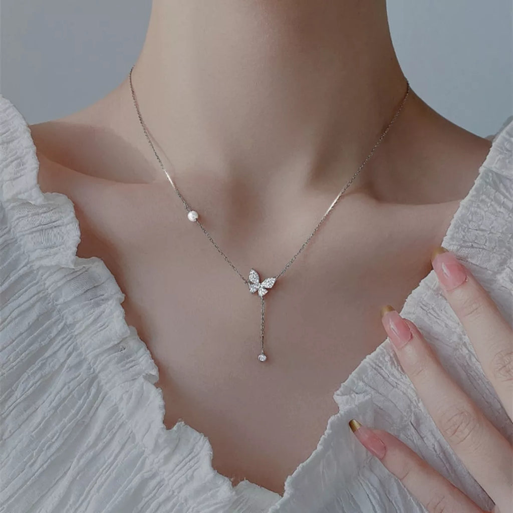 925 Sterling Silver Zircon Butterfly Necklace by Trendsi
