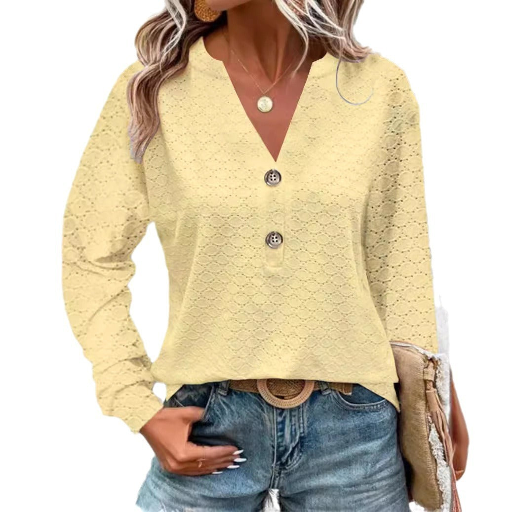 Women's Fashion Casual Solid Color Buttons V-neck Long Sleeve by DC-THE CEO