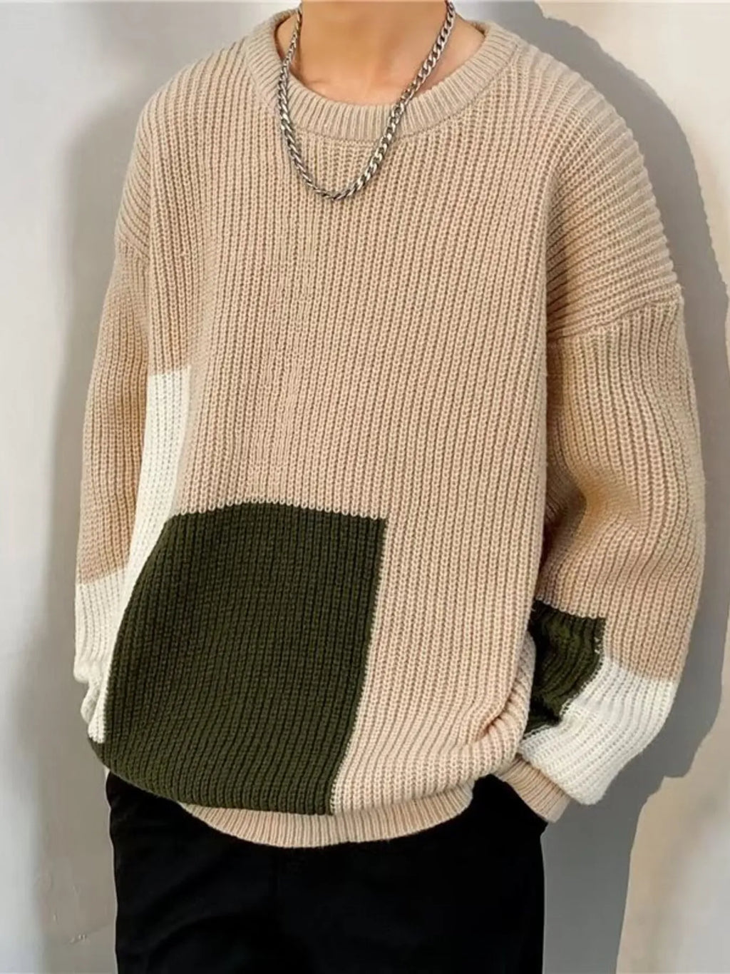 Men's Plus Size Color Block Long Sleeve Sweater by Trendsi