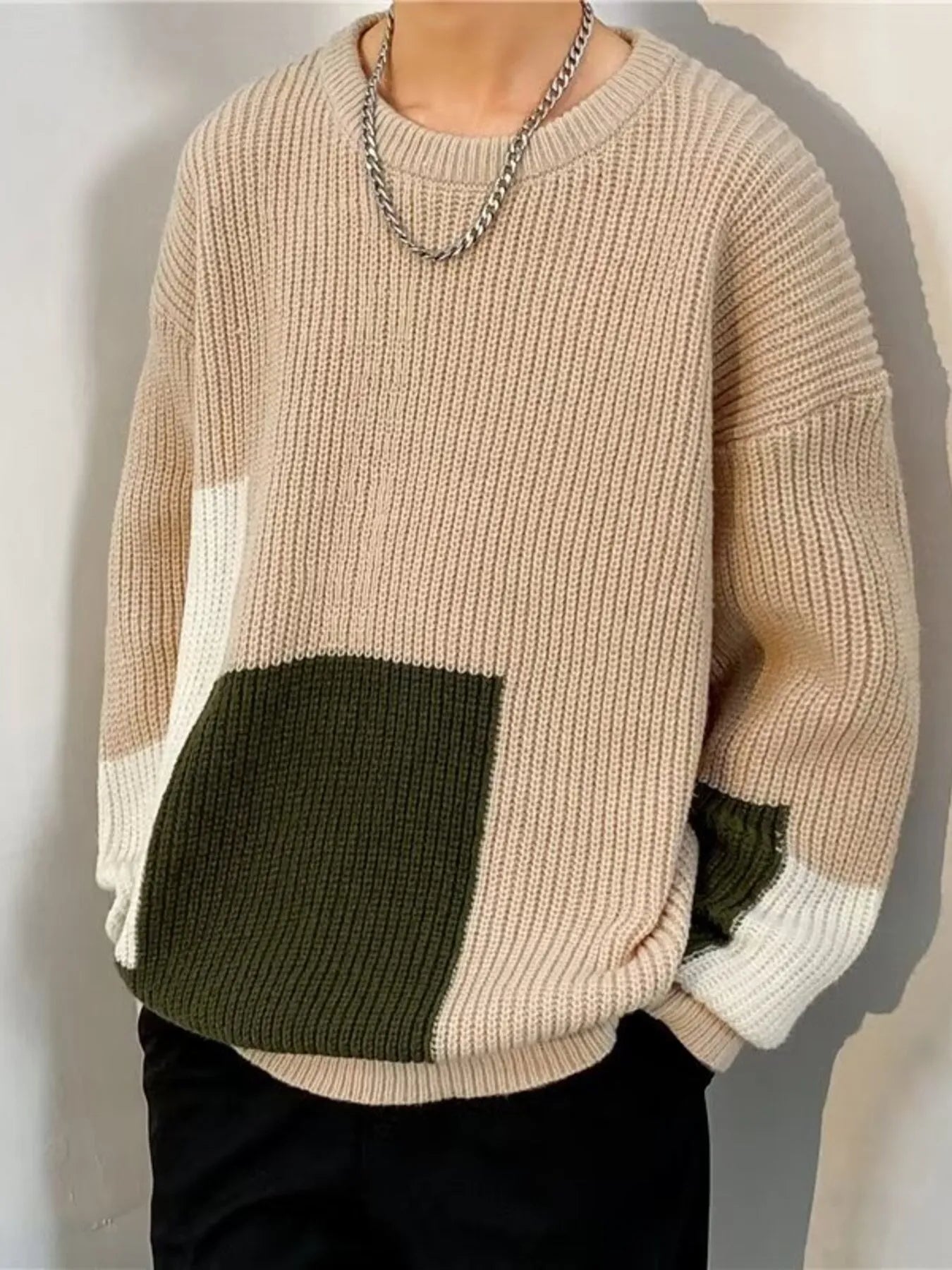 Men's Plus Size Color Block Long Sleeve Sweater by Trendsi