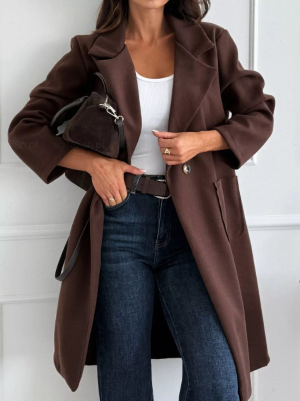 Long-Sleeve Single-Breasted Trench Coat by Trendsi