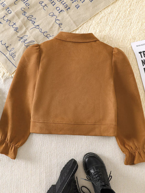 Children's Button Up Flounce Sleeve Outerwear by Trendsi