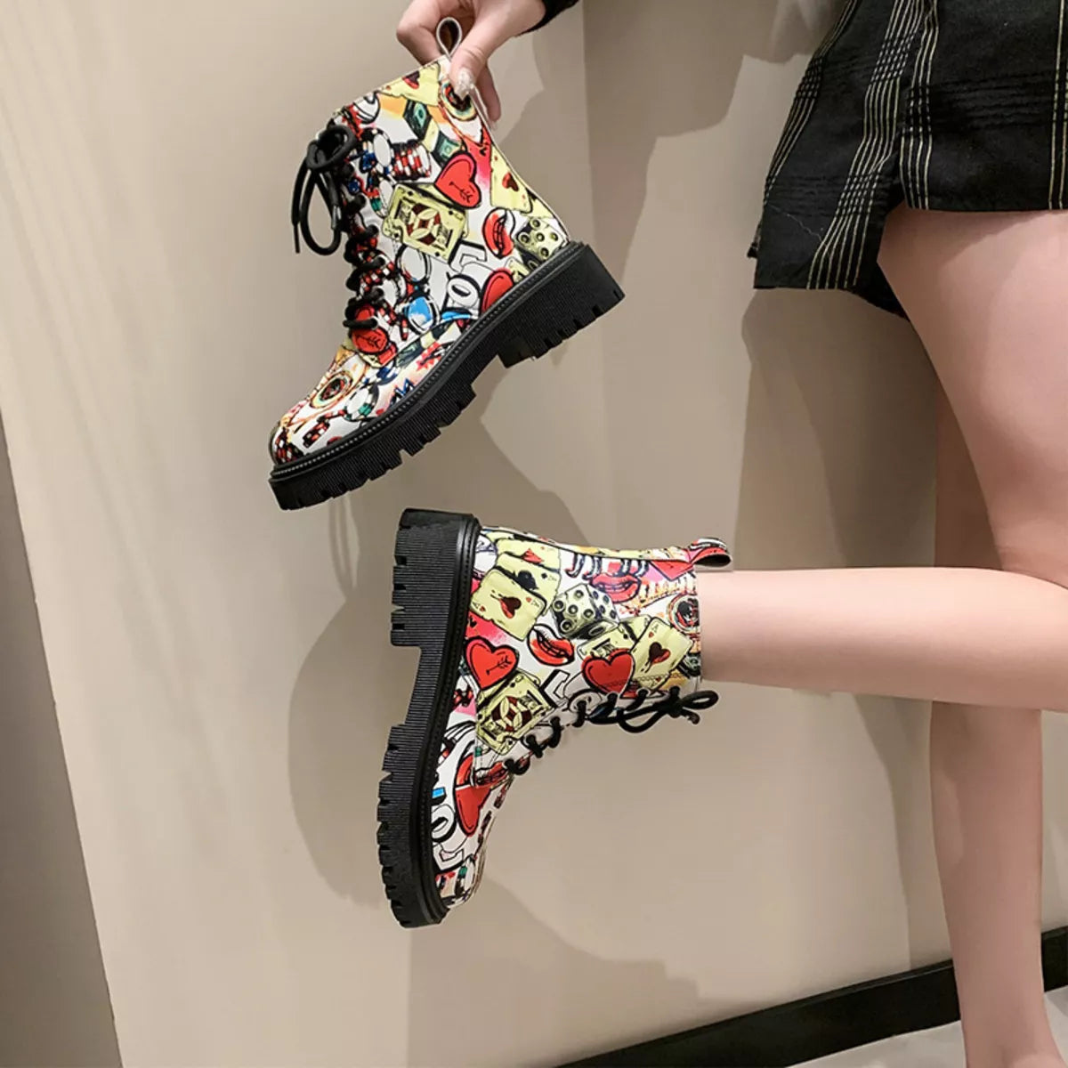 Graffiti Print Combat Boots with Colorful Street Art Design by Trendsi