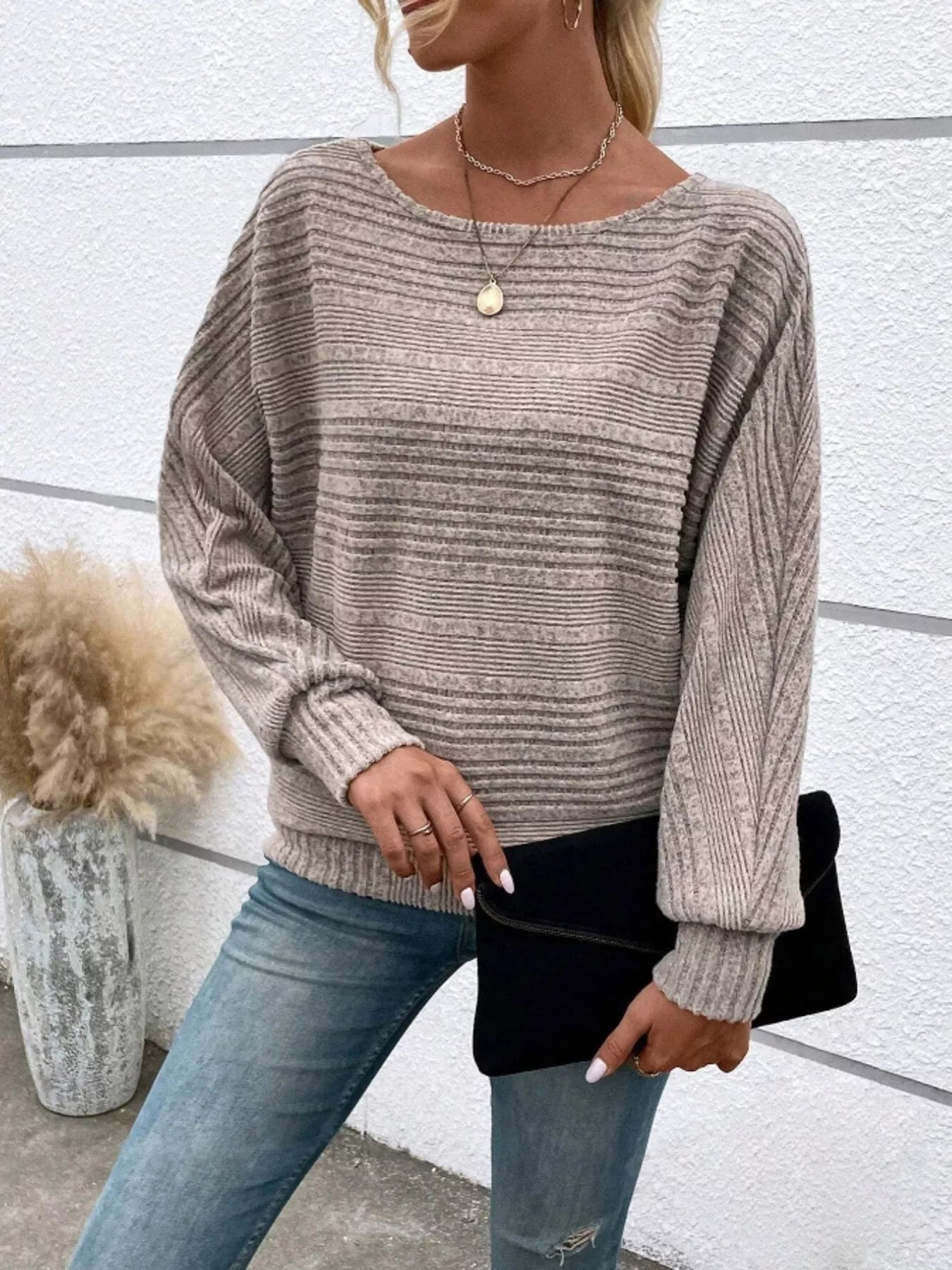 Ribbed Round Neck Long Sleeve Top by Trendsi
