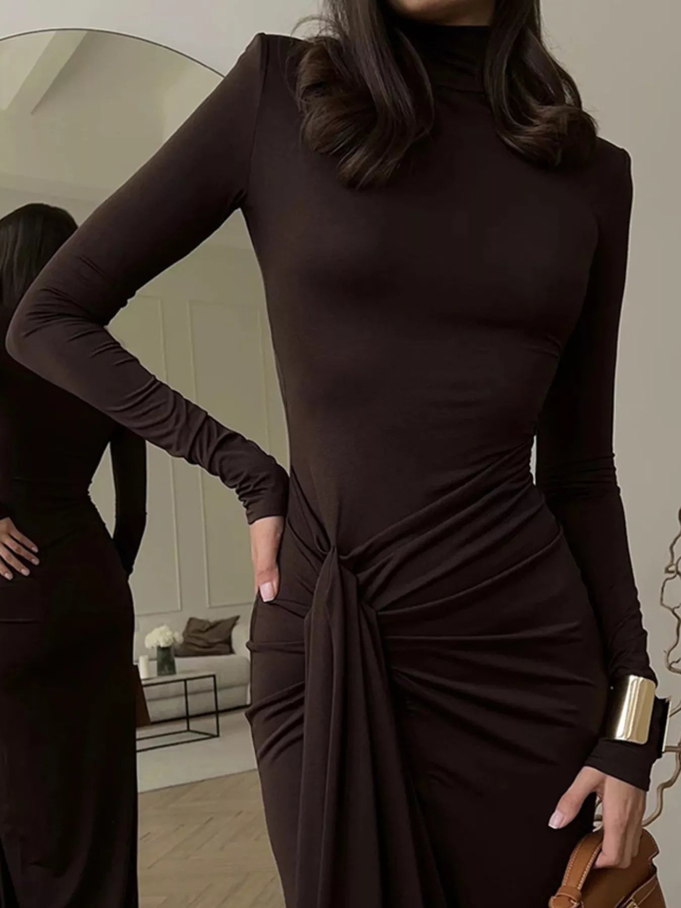 Turtleneck Long Sleeve Slit Maxi Dress by Trendsi