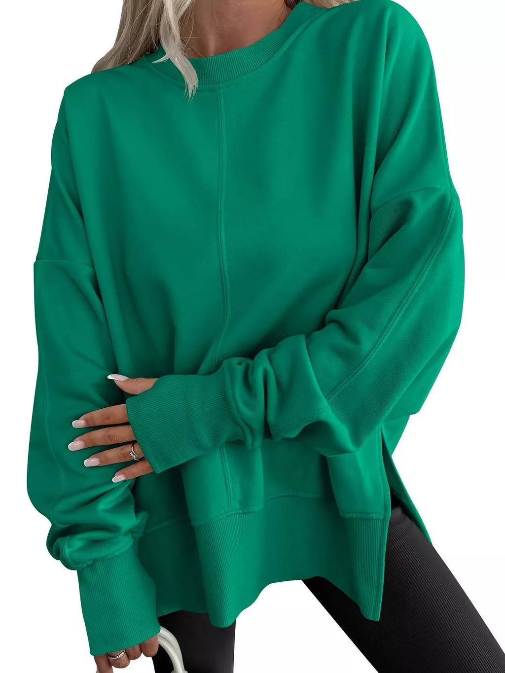 Side Slit Round Neck Long Sleeve Sweatshirt by Trendsi