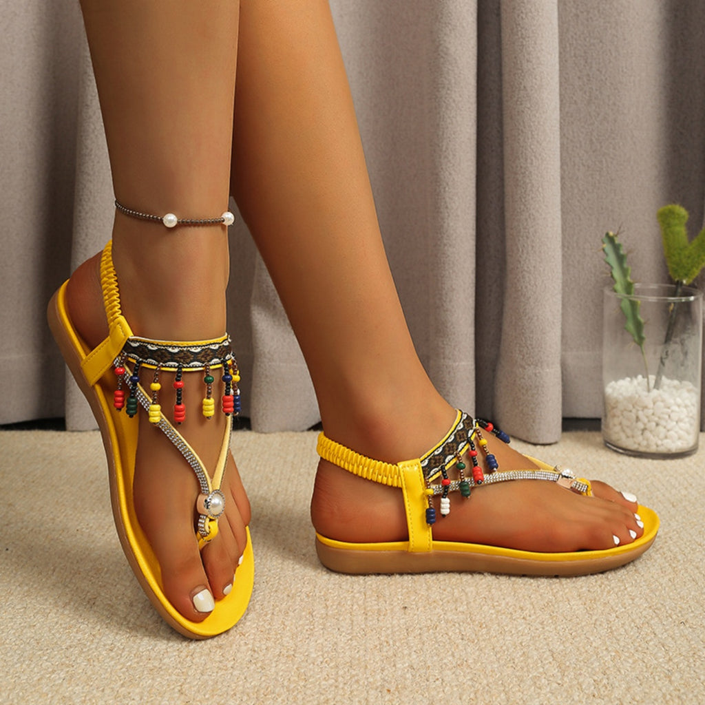 Beaded Ankle Strap Thong Sandals by Trendsi
