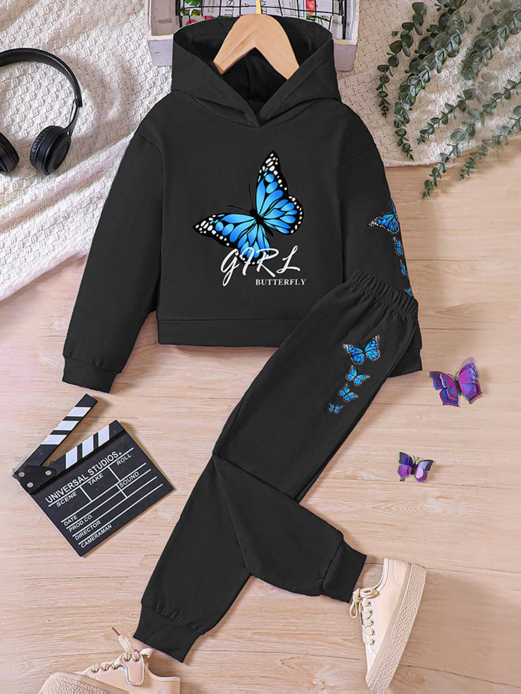 Childrens's Butterfly Print Hoodie & Pants Set by Trendsi