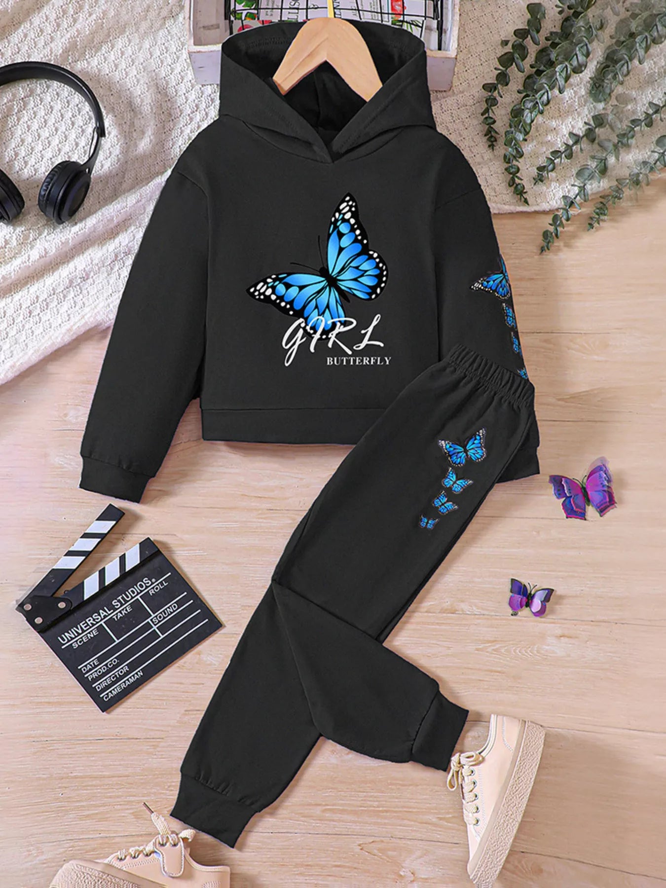 Childrens's Butterfly Print Hoodie & Pants Set by Trendsi