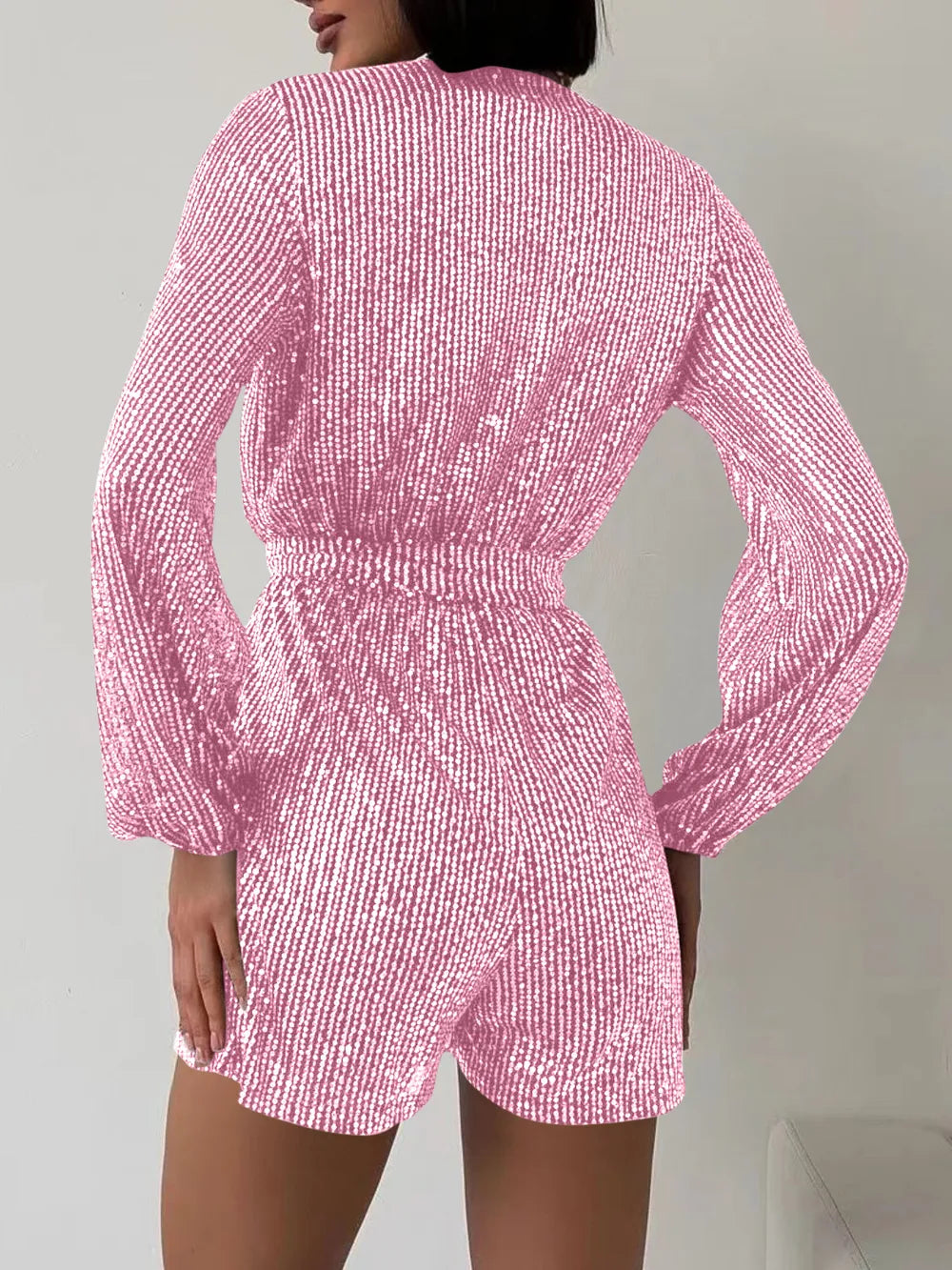 Full Size Sequin Surplice Tie Waist Long Sleeve Romper by Trendsi