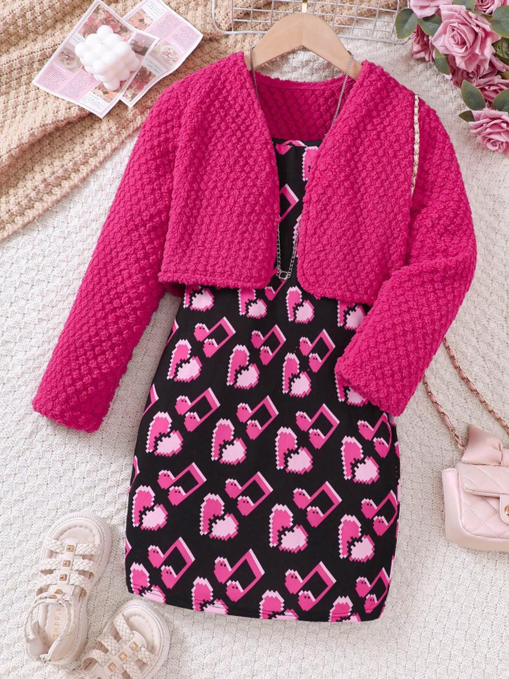 Children's Printed Dress and Cardigan Set by Trendsi
